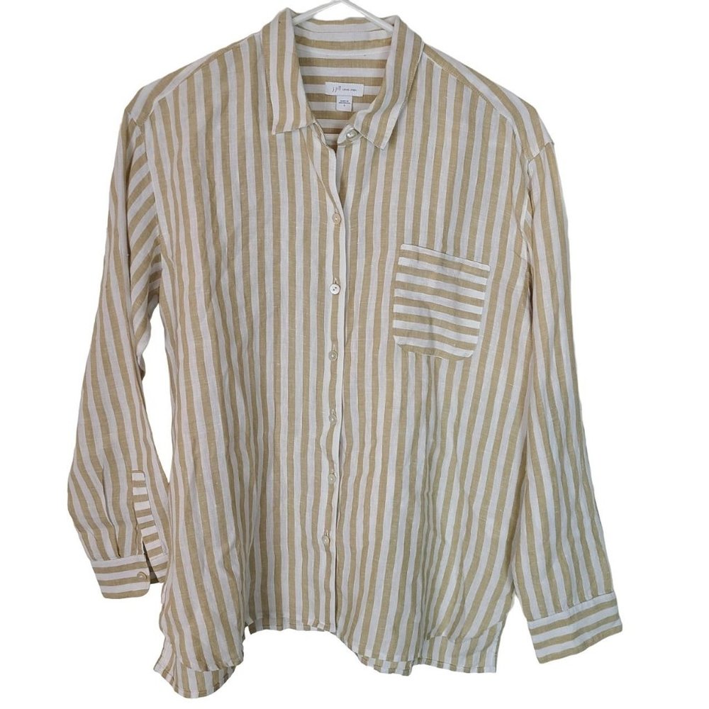 J. Jill Beige and White Striped Button-Down Shirt